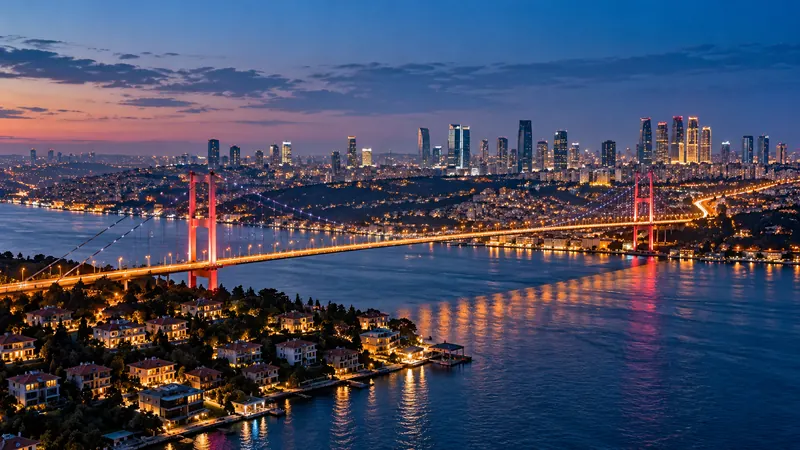Akşam ışıklarında İstanbul Boğazı ve iş merkezleri