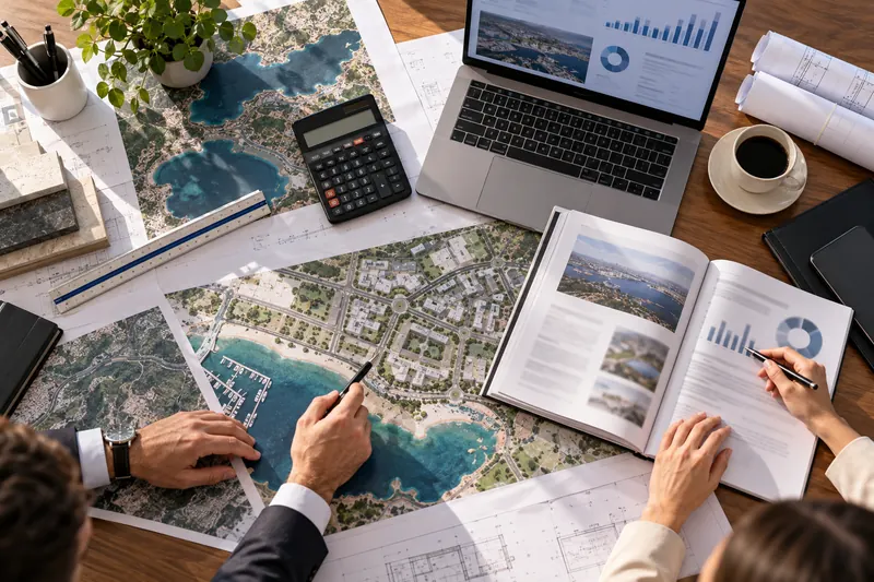 Fizibilite raporu, planlar ve hesaplarla proje planlama masası
